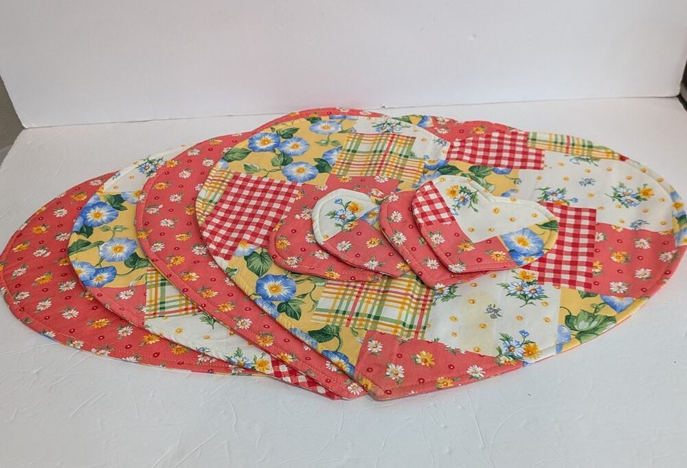 Vintage Floral Patchwork Heart Placemats & Coasters Set Cottagecore Table Linens